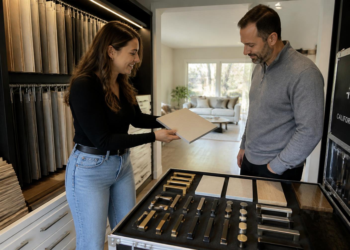 Homeowner reviewing finish and hardware samples from the mobile showroom